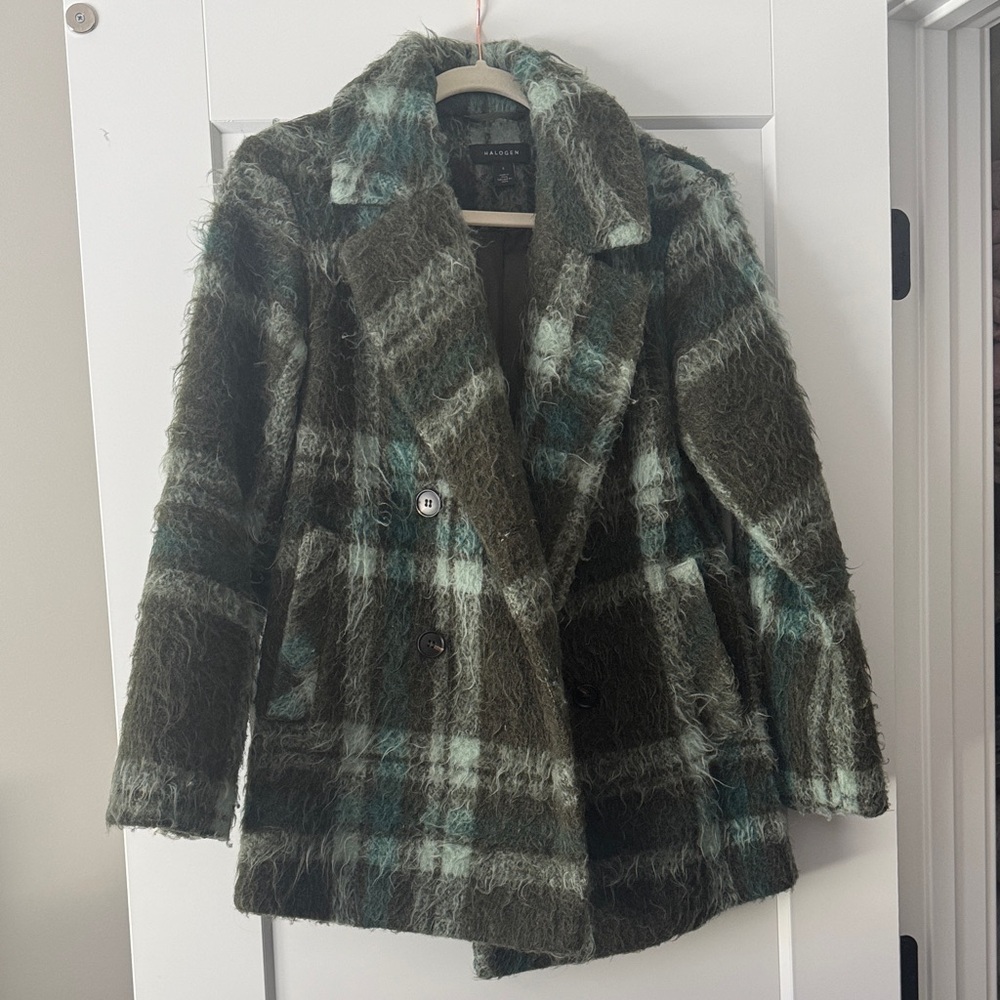Halogen Green and Gray Plaid Pea Coat